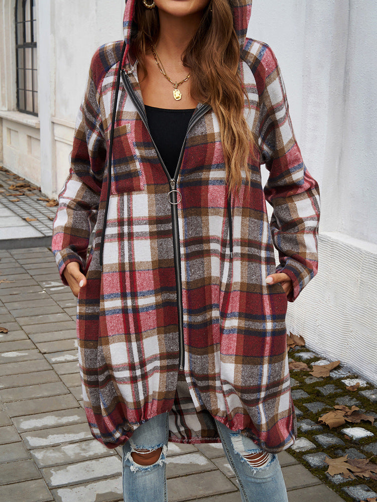 Stylish Plaid Zippered Hooded Long Jacket for Modern Looks