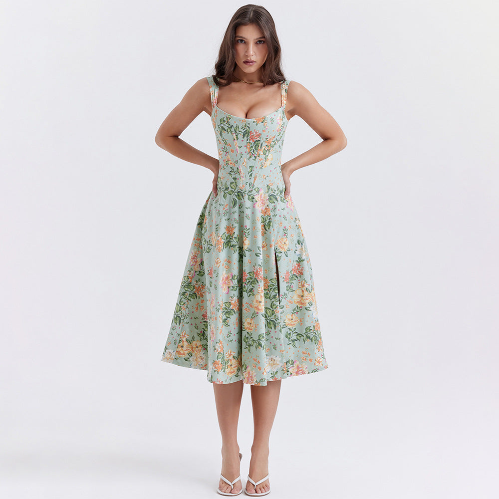Floral Corset Wide Strap High Split Fit and Flare Midi Dress - View 2