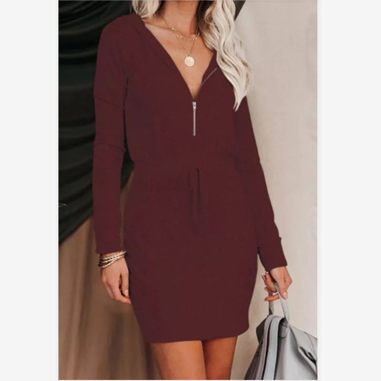Ribbed Knit Hooded Zip Long Sleeve Bodycon Mini Dress