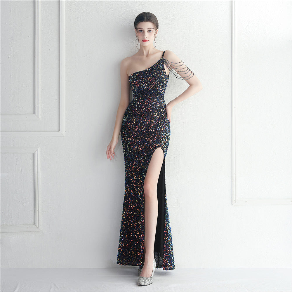 Sequin Beaded One Shoulder High Split Mermaid Gown - View 12