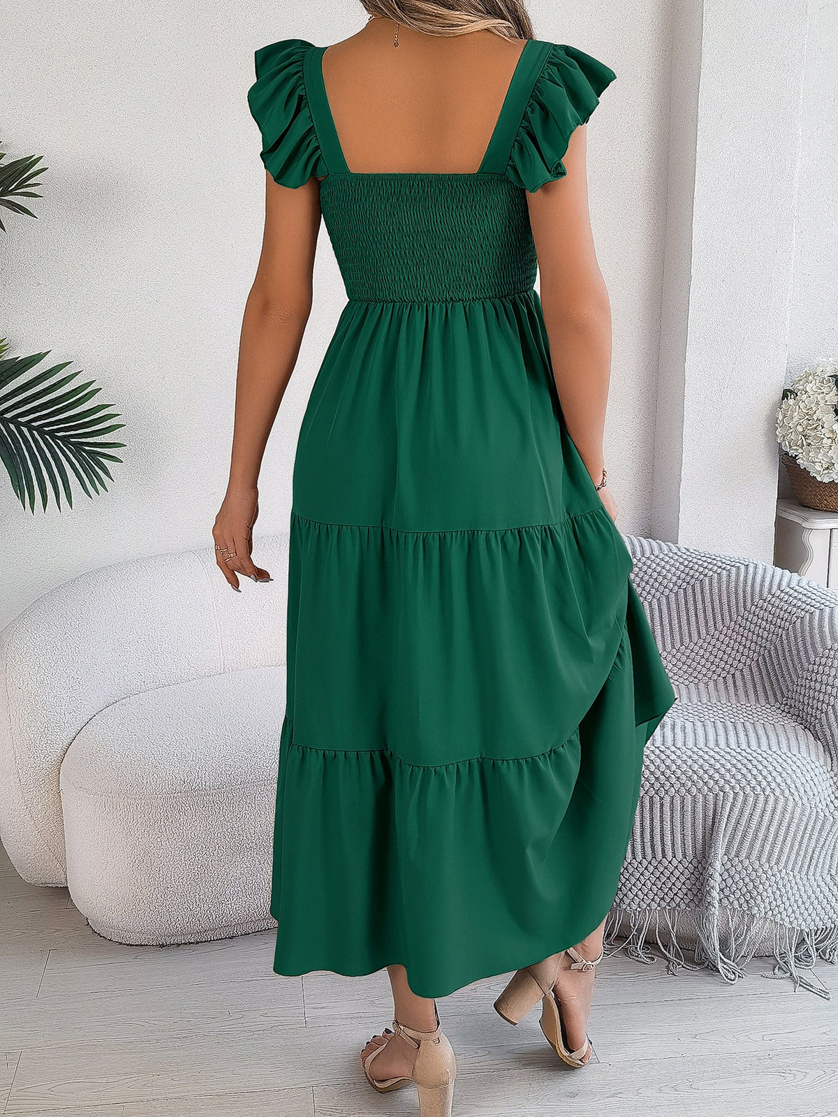 Smocked Square Neck Flutter-Sleeve Tiered Midi Dress 6