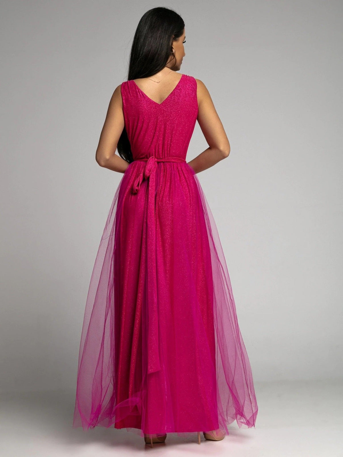 Glitter Tulle V-Neck Sleeveless High-Slit Maxi Gown