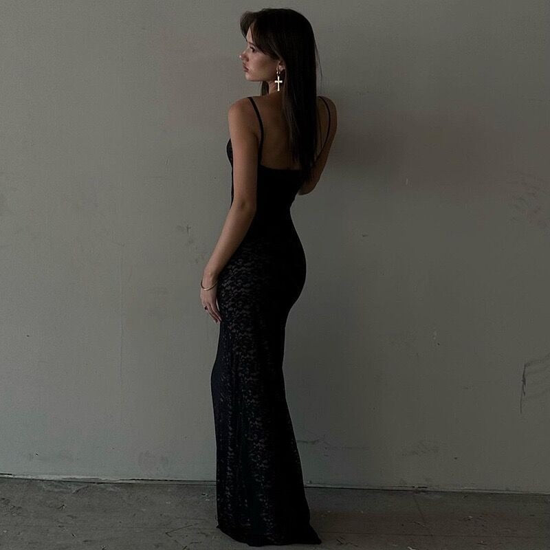 Deep V Lace Halter Back Maxi Dress