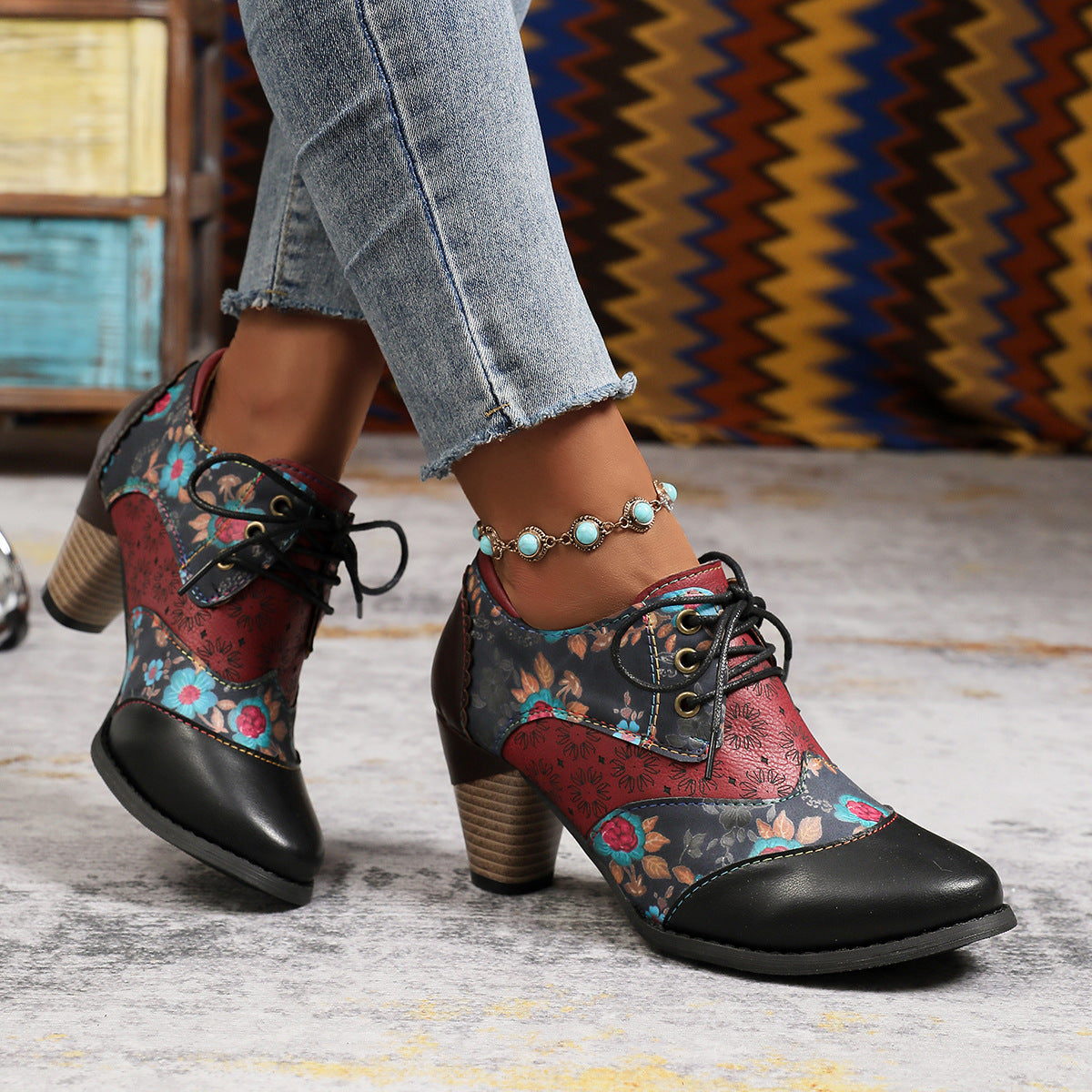 Retro ethnic thick high heels ankle Martin boots