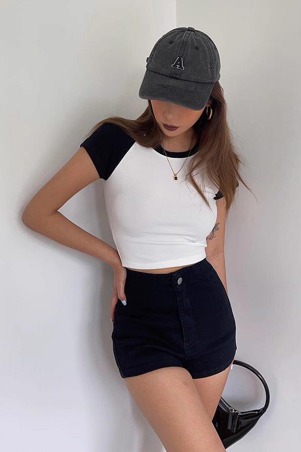 Short Sleeve Crew Neck Contrast Crop Tank Tops