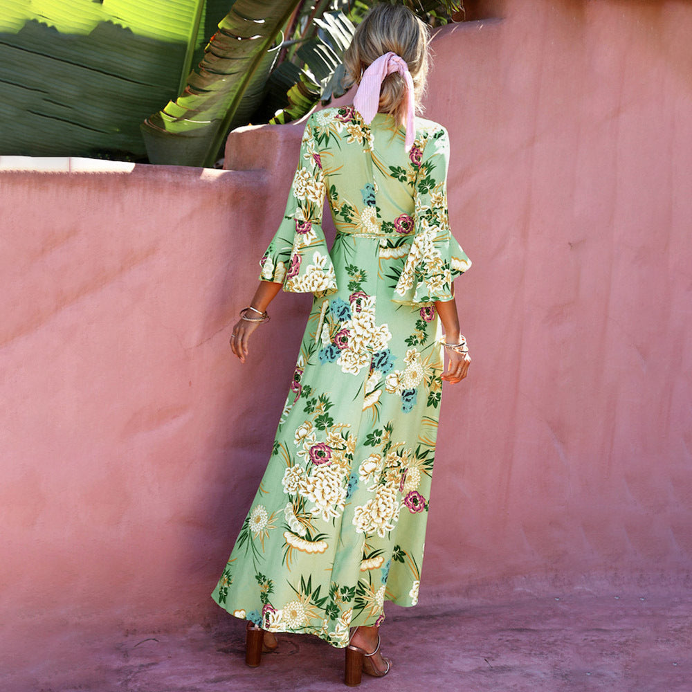 Floral Print V-Neck Bell Sleeve Wrap Maxi Dress