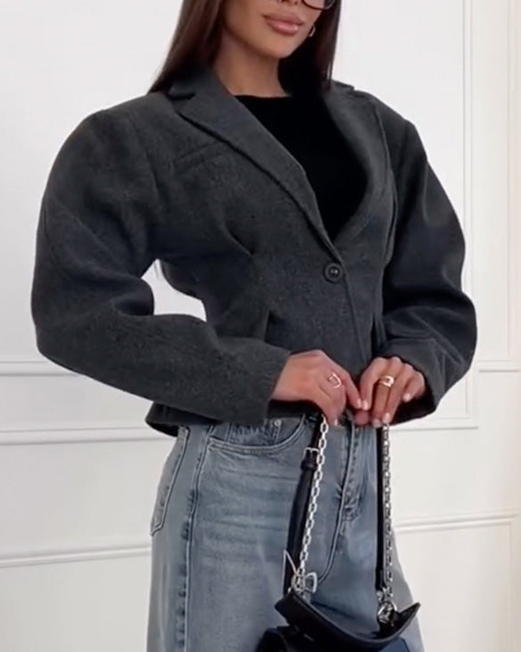 Elegant Single-Breasted Woolen Coat with Long Sleeves