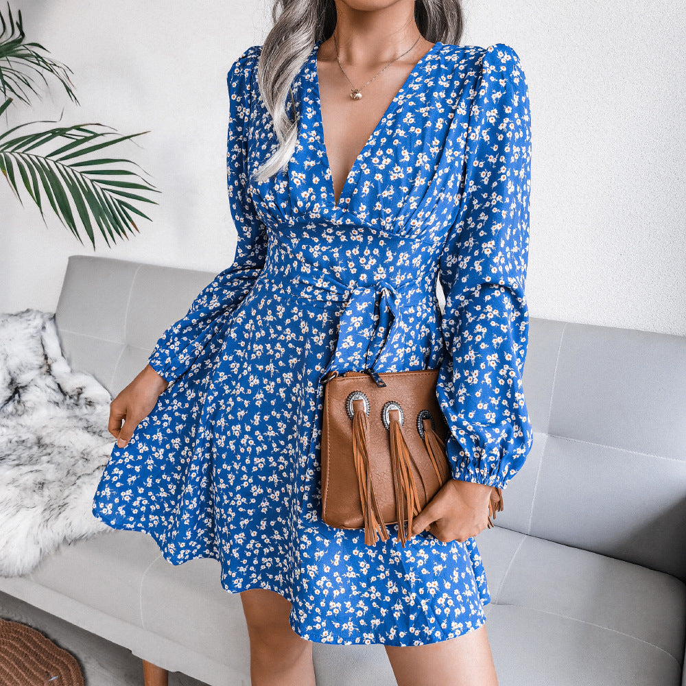 Ditsy Floral V-Neck Long Sleeve Wrap Mini Dress