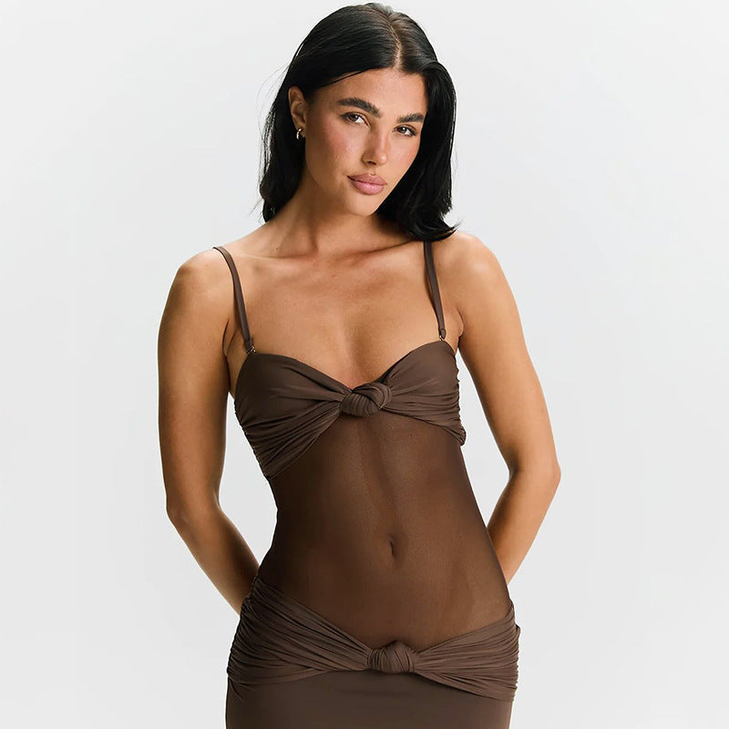 Strapless Sweetheart Mesh Midriff Cut Out Knot Bodycon Maxi Dress - View 2
