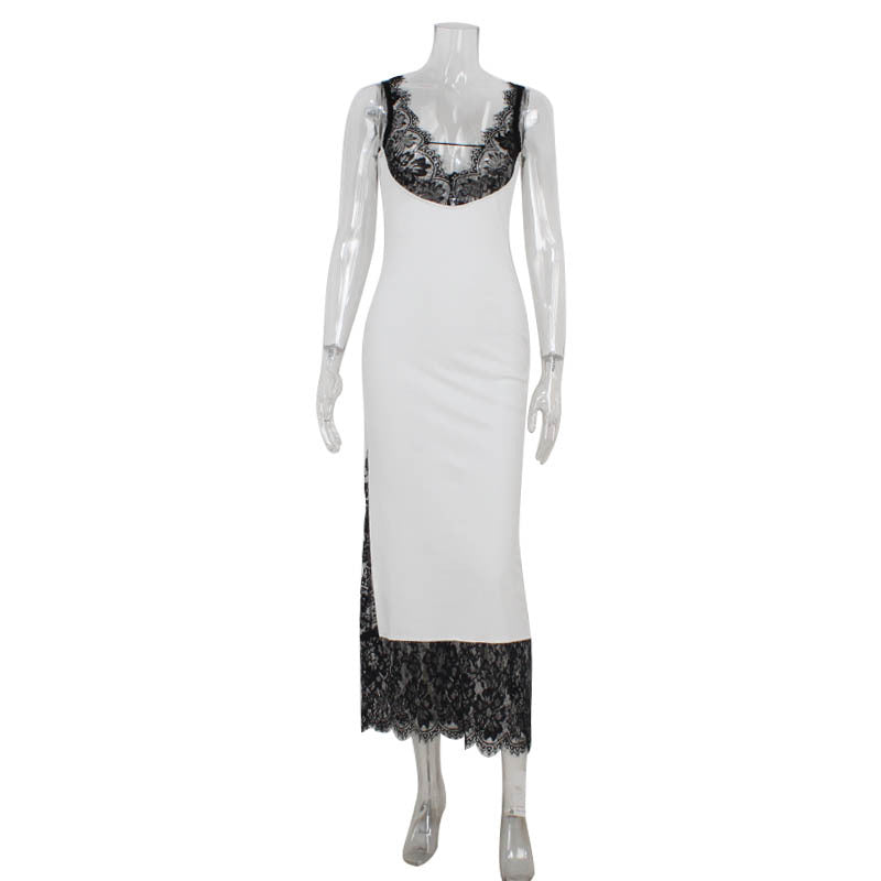Sleeveless Lace Bodice Deep V-Neck Lace Panel Bodycon Maxi Gown - View 2