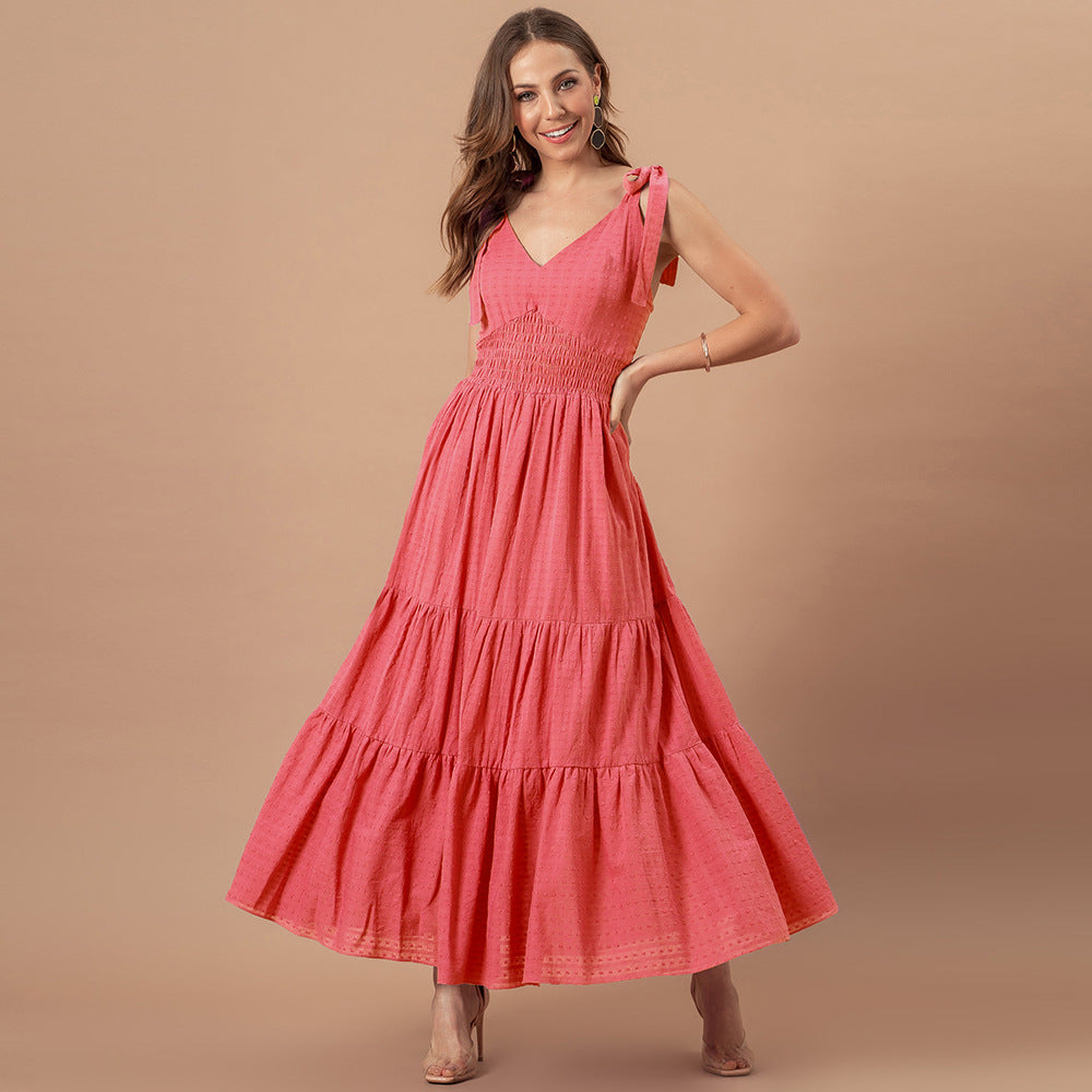 V-Neck Tie Shoulder Smocked Waist Tiered Maxi Dress
