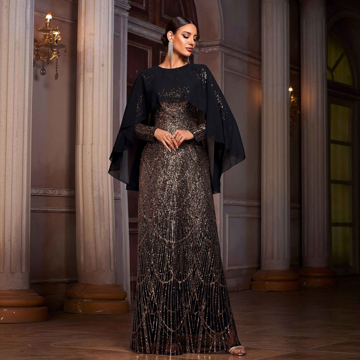 Sequin Round Neck Draped Cape Long Sleeve Sheath Evening Gown