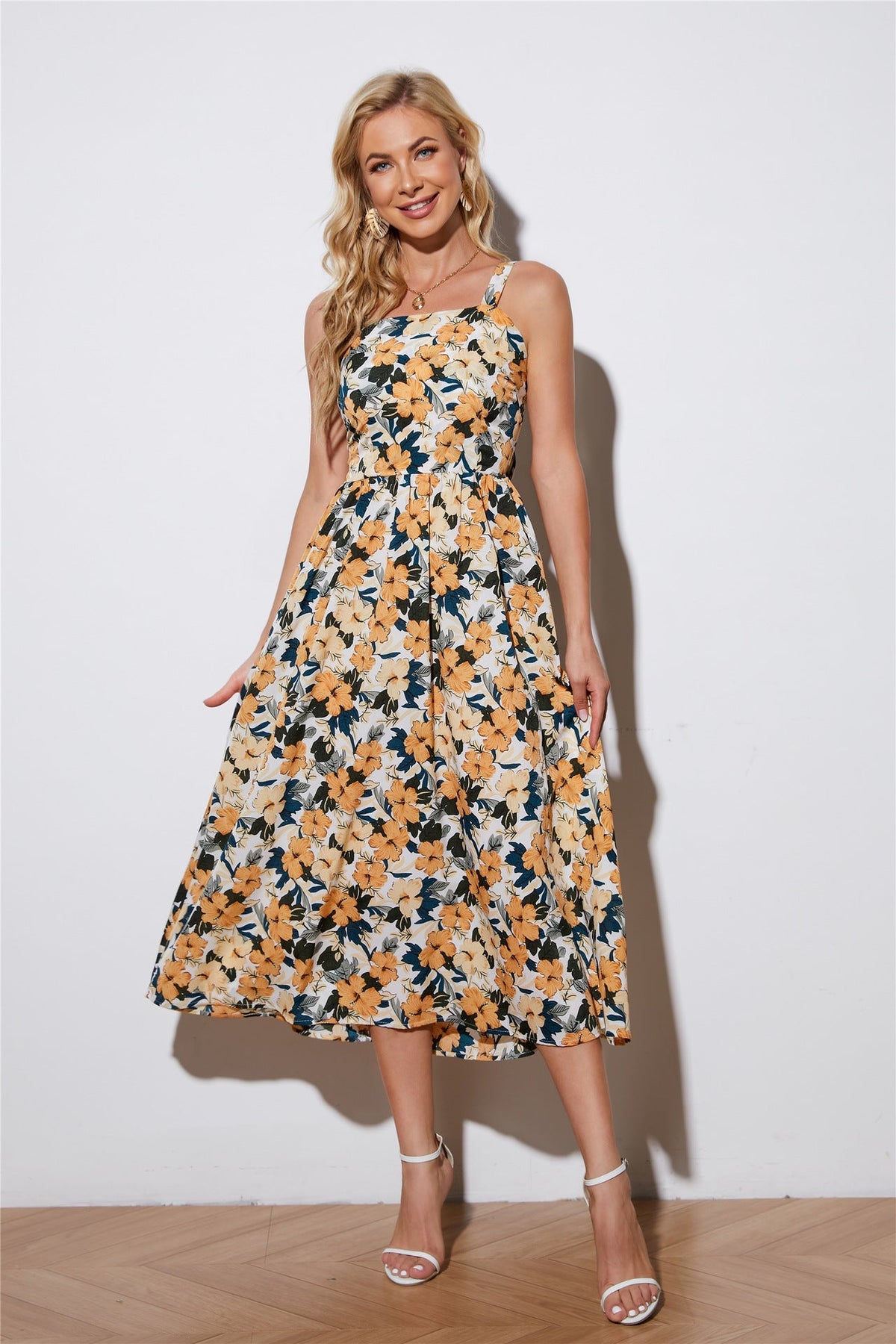 Floral Print Square Neck Fit & Flare Midi Dress