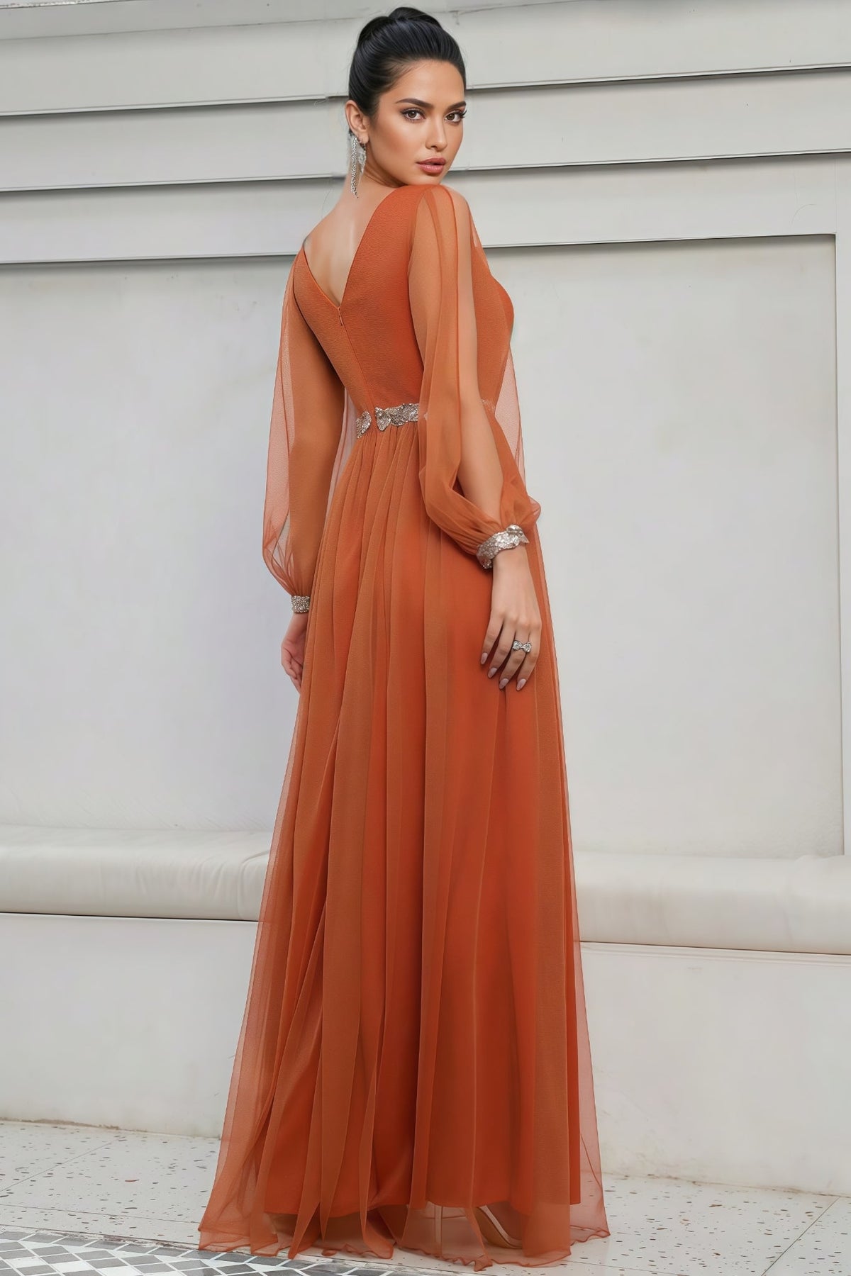 Kole Orange V-neck Mesh Slit Maxi Dress - View 5