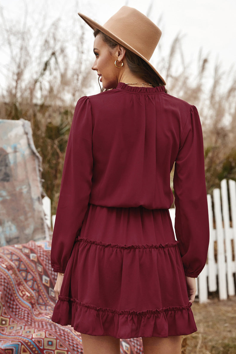 V-Neck Tie Neck Long Sleeve Ruffle Tiered Mini Dress