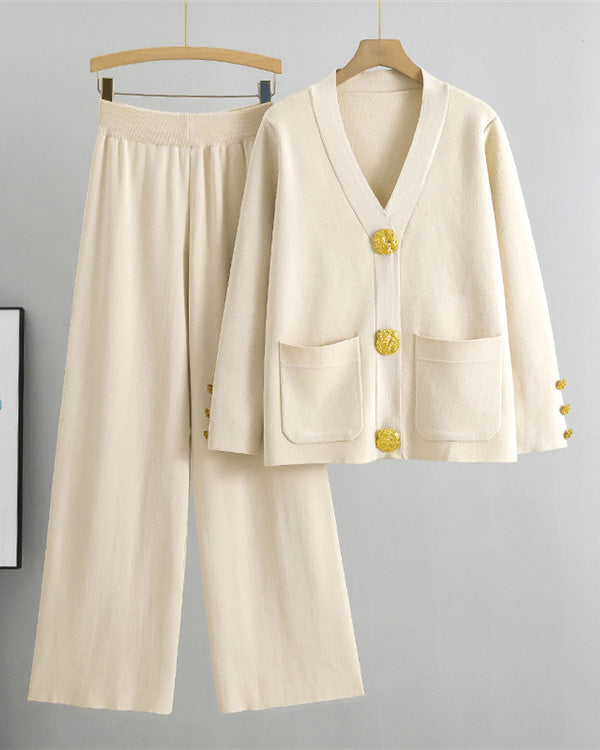 Chic Gold Knitted Sweater and Wide-Leg Pants Two-Piece Set