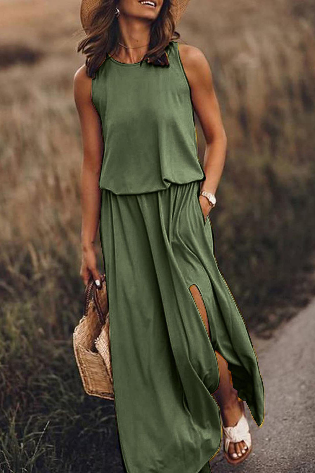 Round Neck Sleeveless Split Solid Maxi Dress