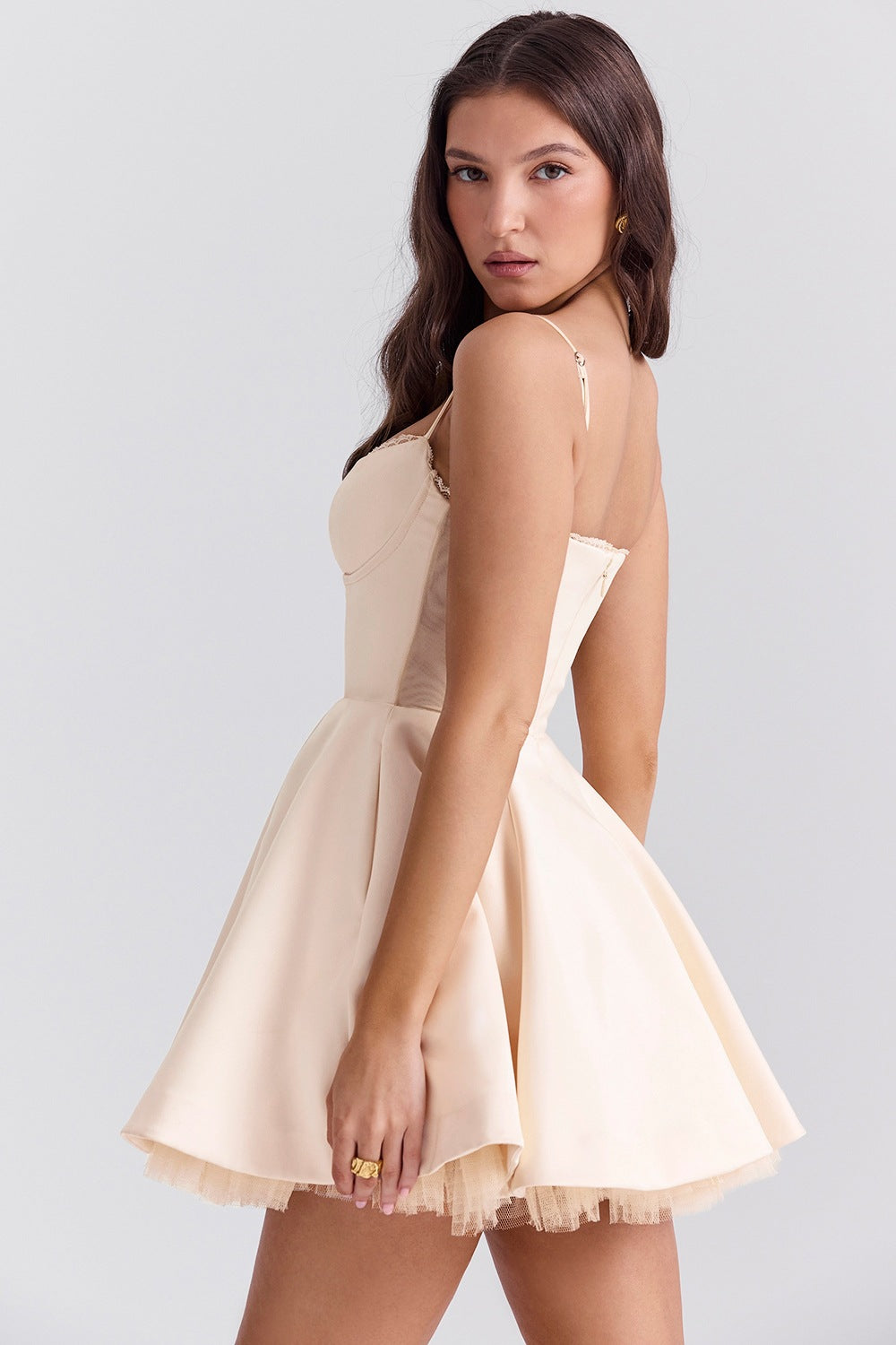 Satin Sweetheart Lace Trim Tulle Mini Dress - View 17