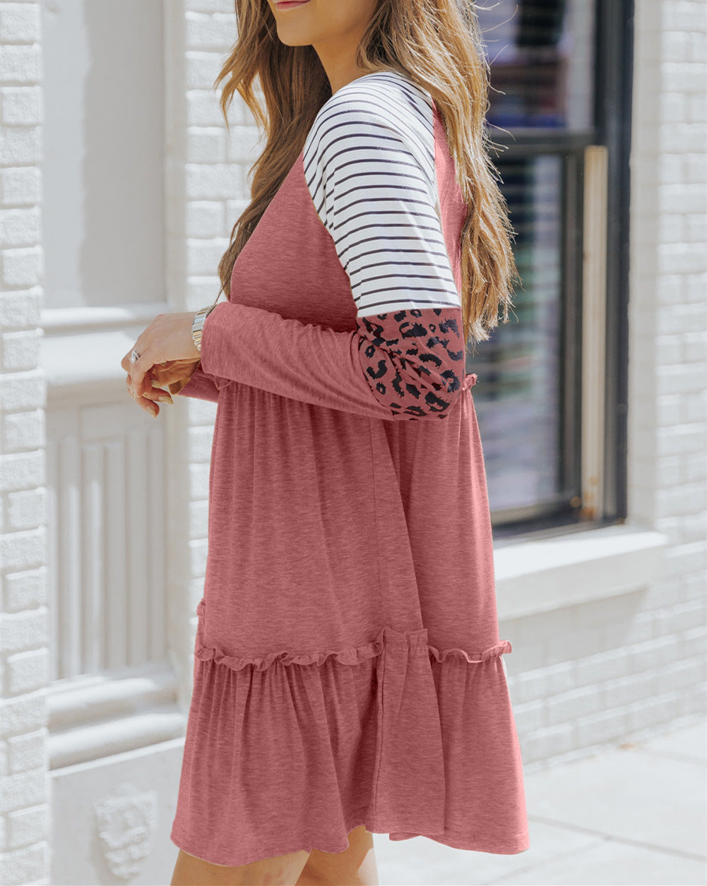 Leopard print striped high waist A-line dress  Fashionpara