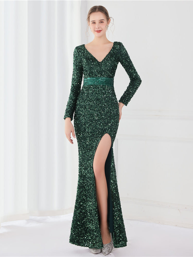 Sequin V-Neck Long Sleeve High-Slit Mermaid Gown