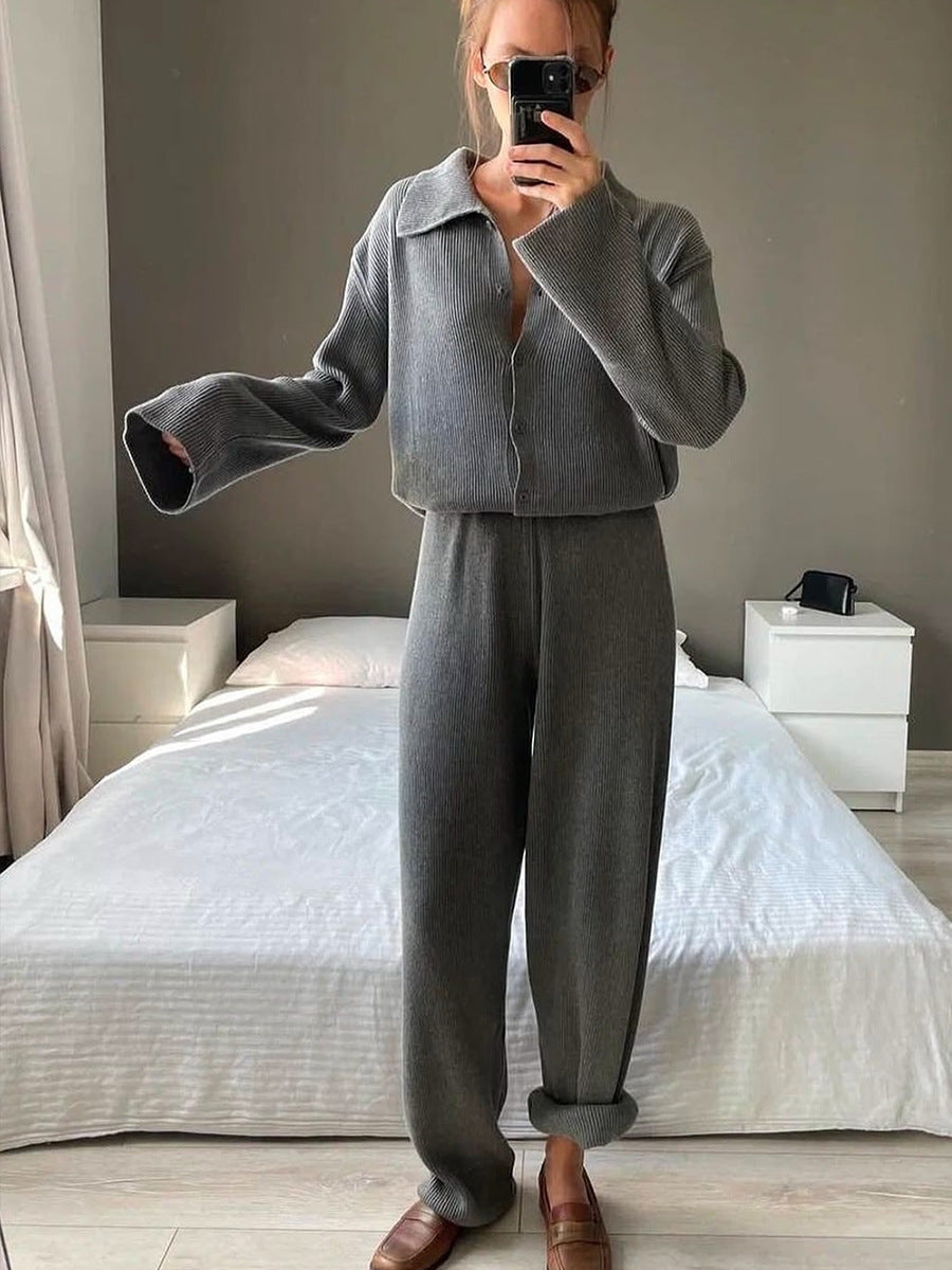 Lapel Ribbed Knitted Jacket and Loose Trousers Set