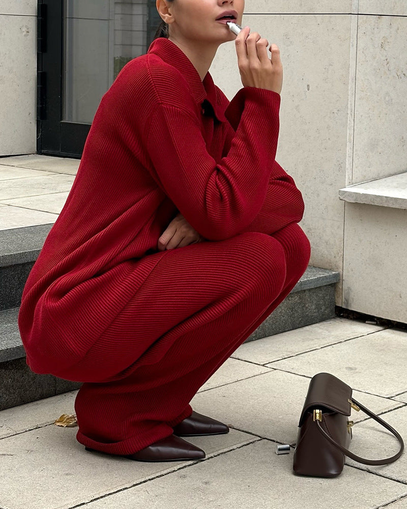 Lapel Ribbed Knitted Jacket and Loose Trousers Set