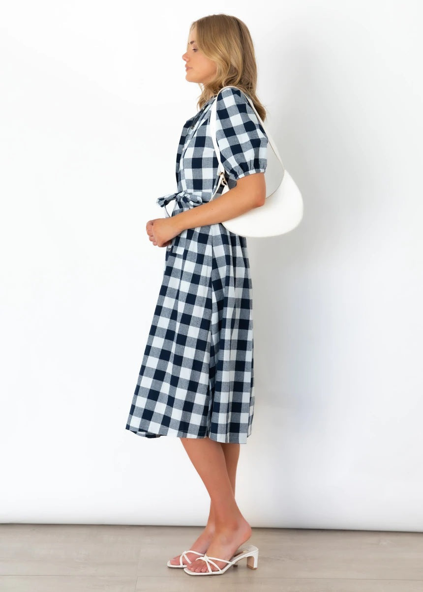 Gingham Collared Puff Sleeve Button-Down Midi Dress