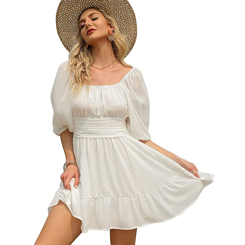 Satin Square Neck Puff Sleeve Ruffle Mini Dress
