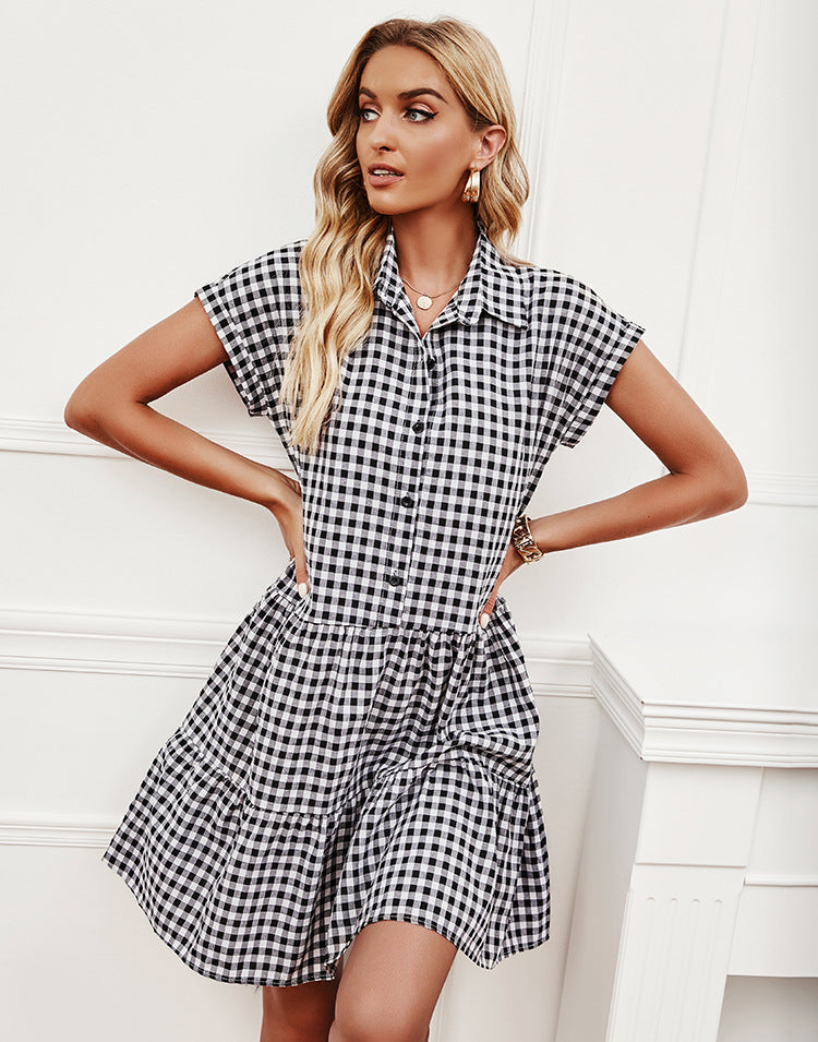 Gingham Collared Short Sleeve Tiered Mini Dress