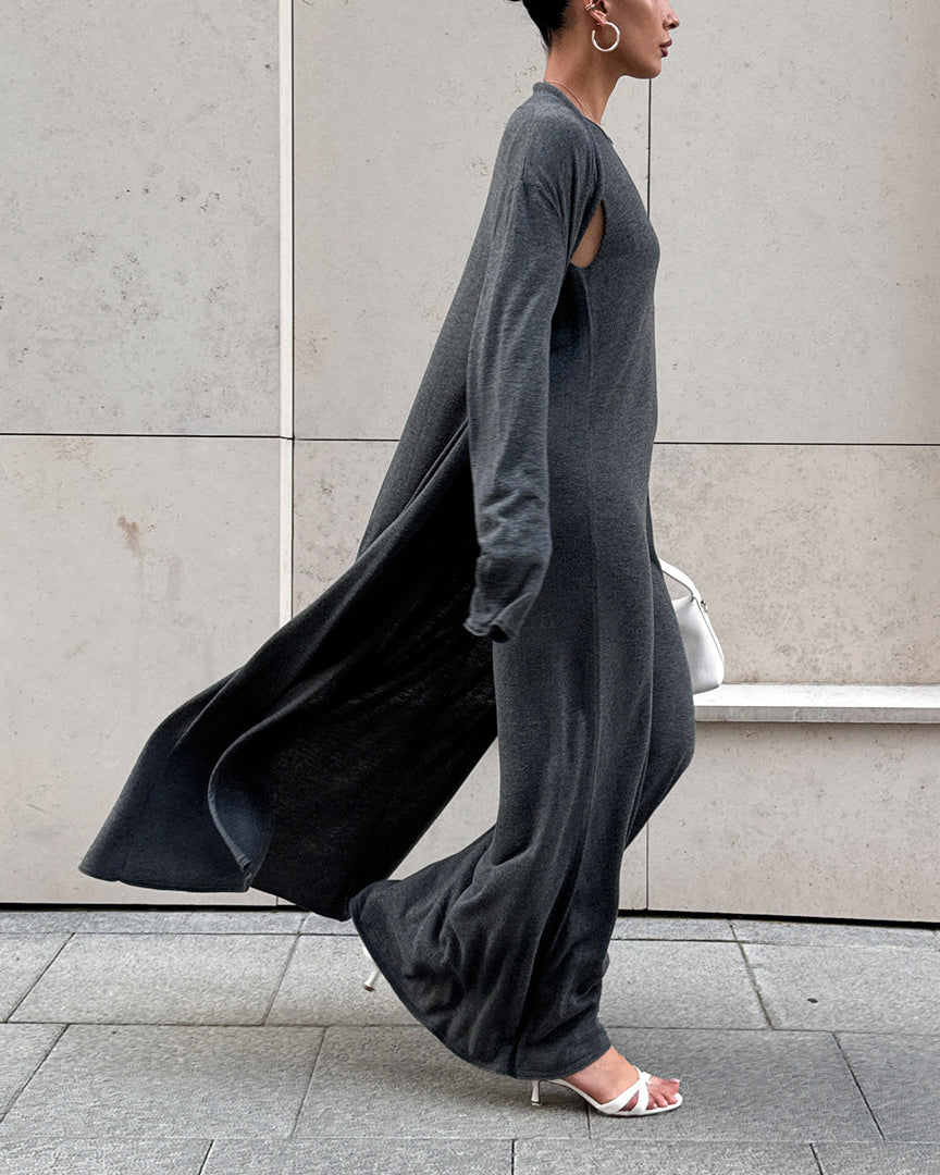 Chic Knitted Long Sleeve Cardigan with Suspender Dress Set