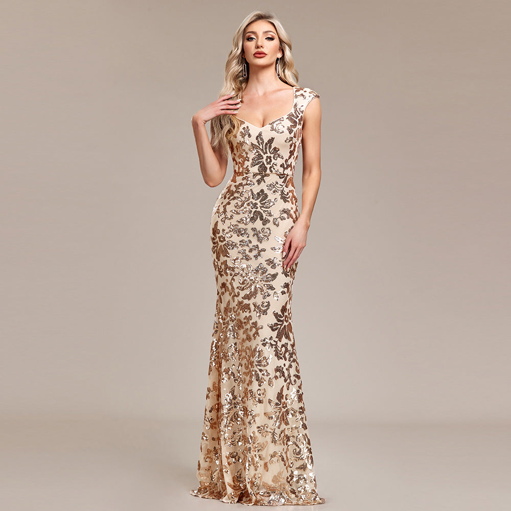 Cap Sleeve V-Neck Sequin Floral Mermaid Maxi Gown