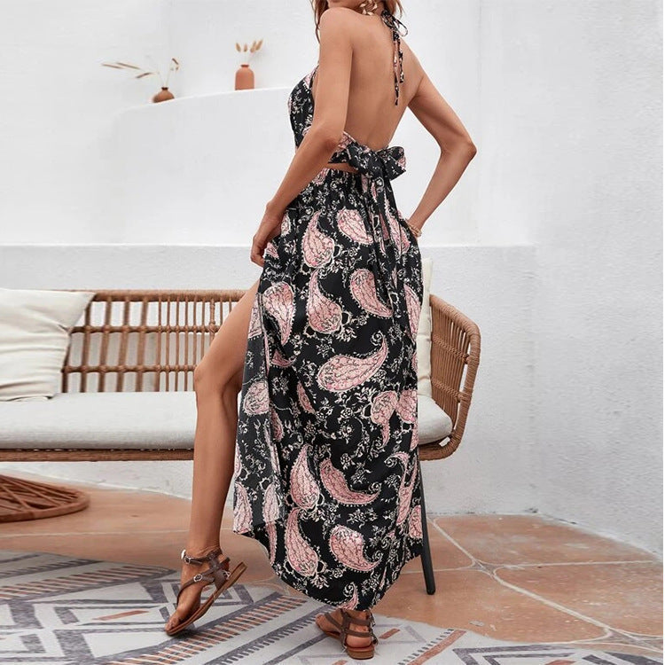 Paisley Print Cutout High Slit Maxi Dress
