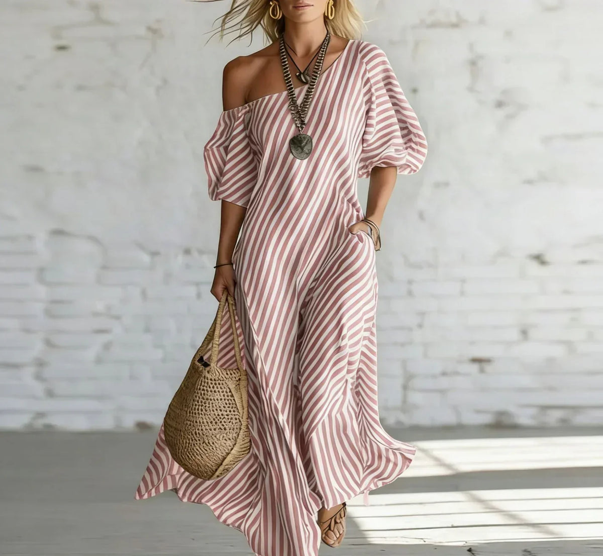Striped One Shoulder Puff Sleeve Maxi Dress