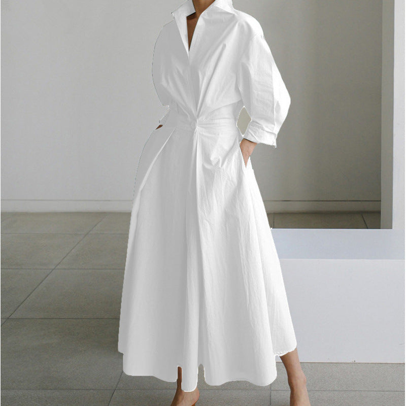 Newspaper Print Collared Long Sleeve Belted Pleated Maxi Shirt Dress 15