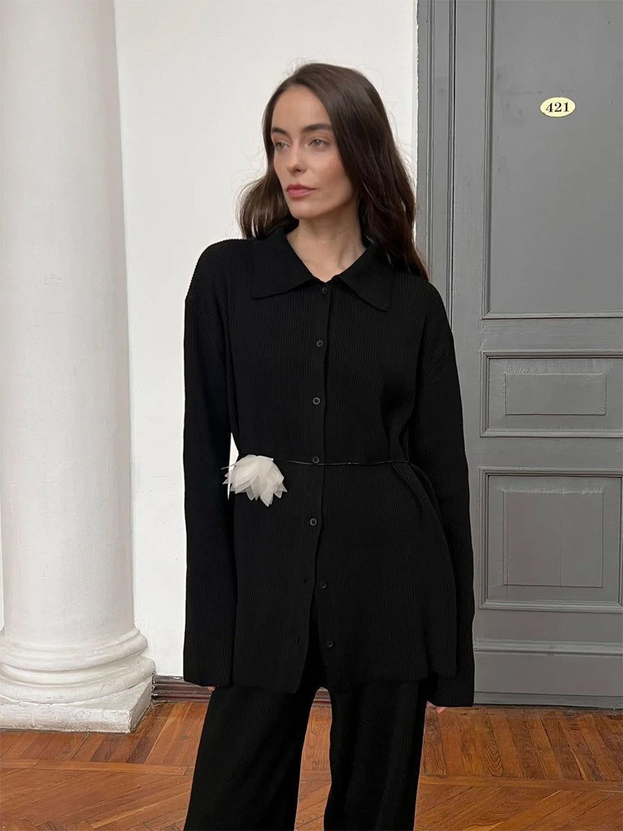 Lapel Ribbed Knitted Jacket and Loose Trousers Set