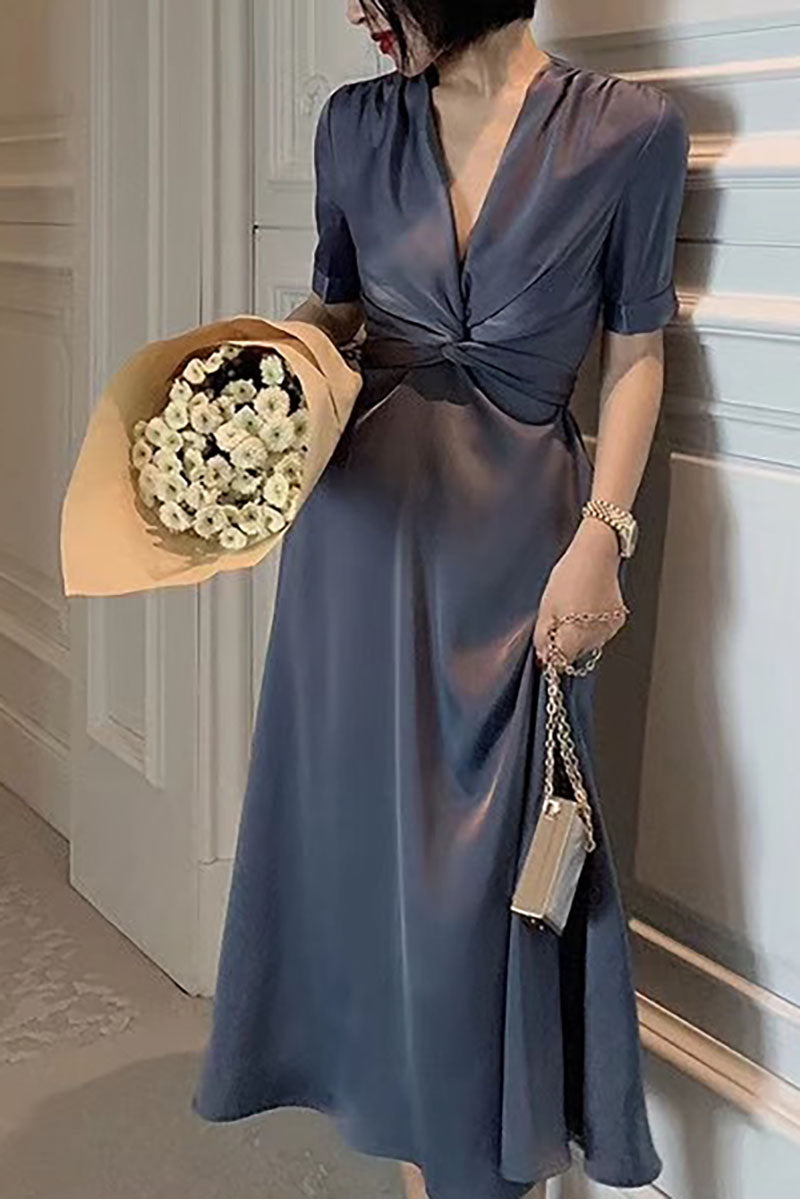 Satin V-neck Short Sleeve Midi A-line Dress - Fashionpara