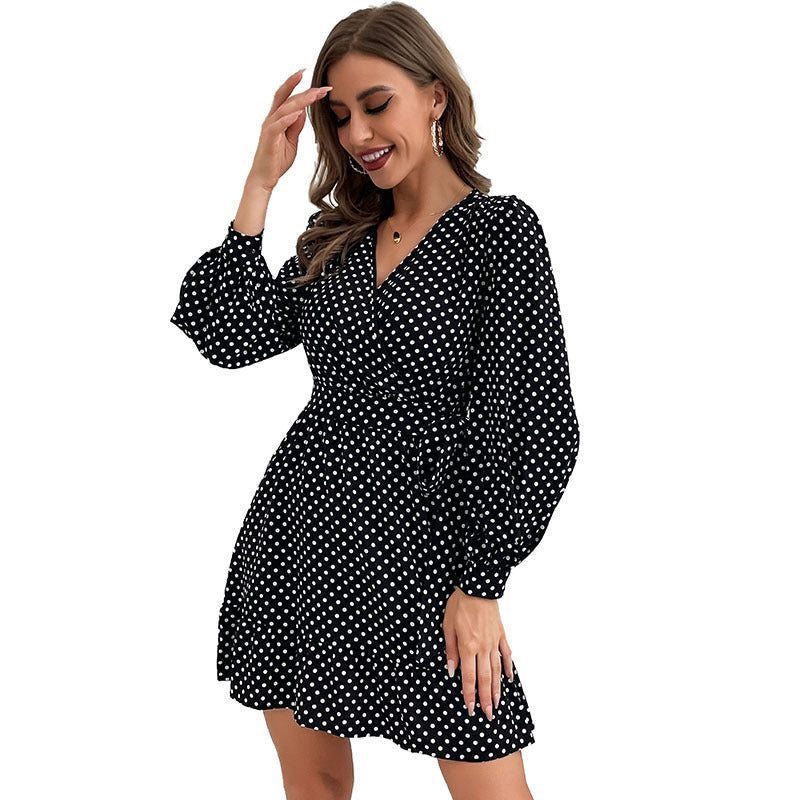 Polka Dot V-Neck Long Sleeve Ruffle Wrap Mini Dress