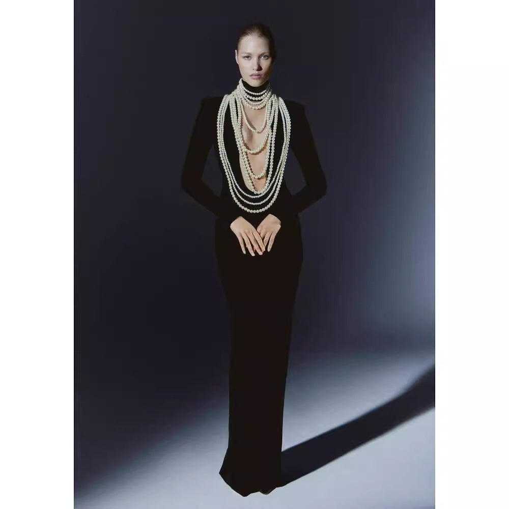 Pearl Embellished Sheer Sleeve Prom Dress
