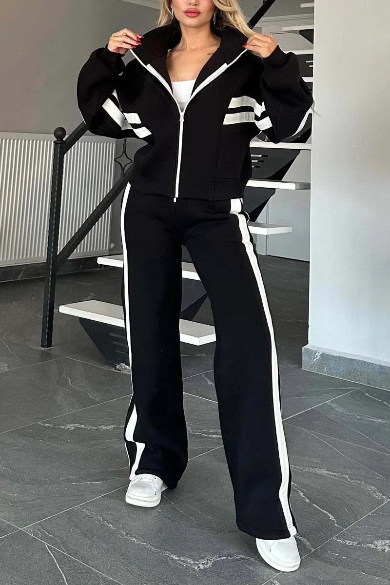 Y2K Striped Zip-Up Cropped Jacket and Pants Set for Style