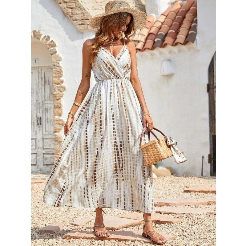 Tie Dye V-Neck Spaghetti Strap Wrap Maxi Dress