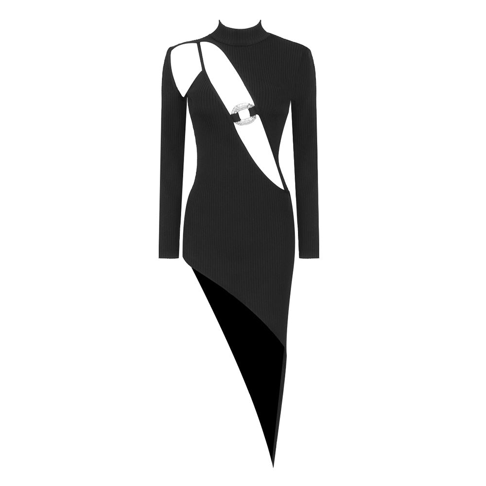 Black Long Sleeve Diamond Decorations Hollow Out Cutout Dress - View 5
