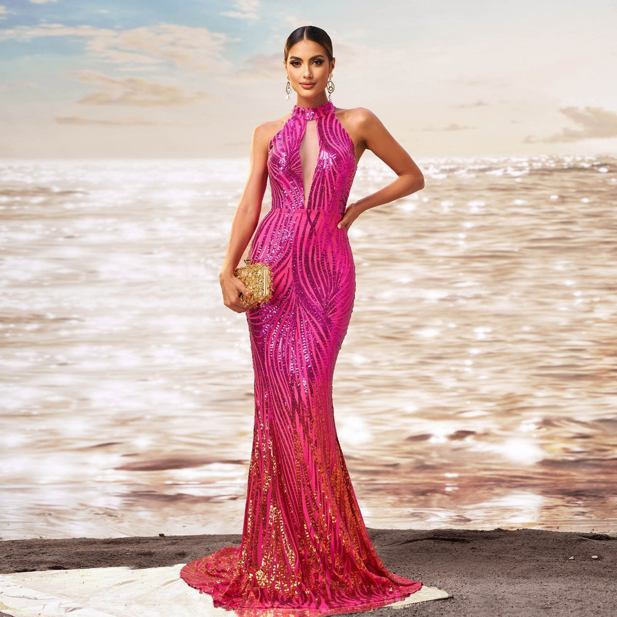 Sequin Halter Neck Keyhole Cut Out Mermaid Flared Hem Formal Gown
