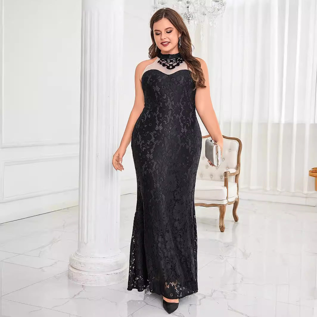 Plus Size Solid Color Small Round Neck Sleeveless Dress Elegant Slim Fit Sheath Cocktail Evening Dress - Fashionpara