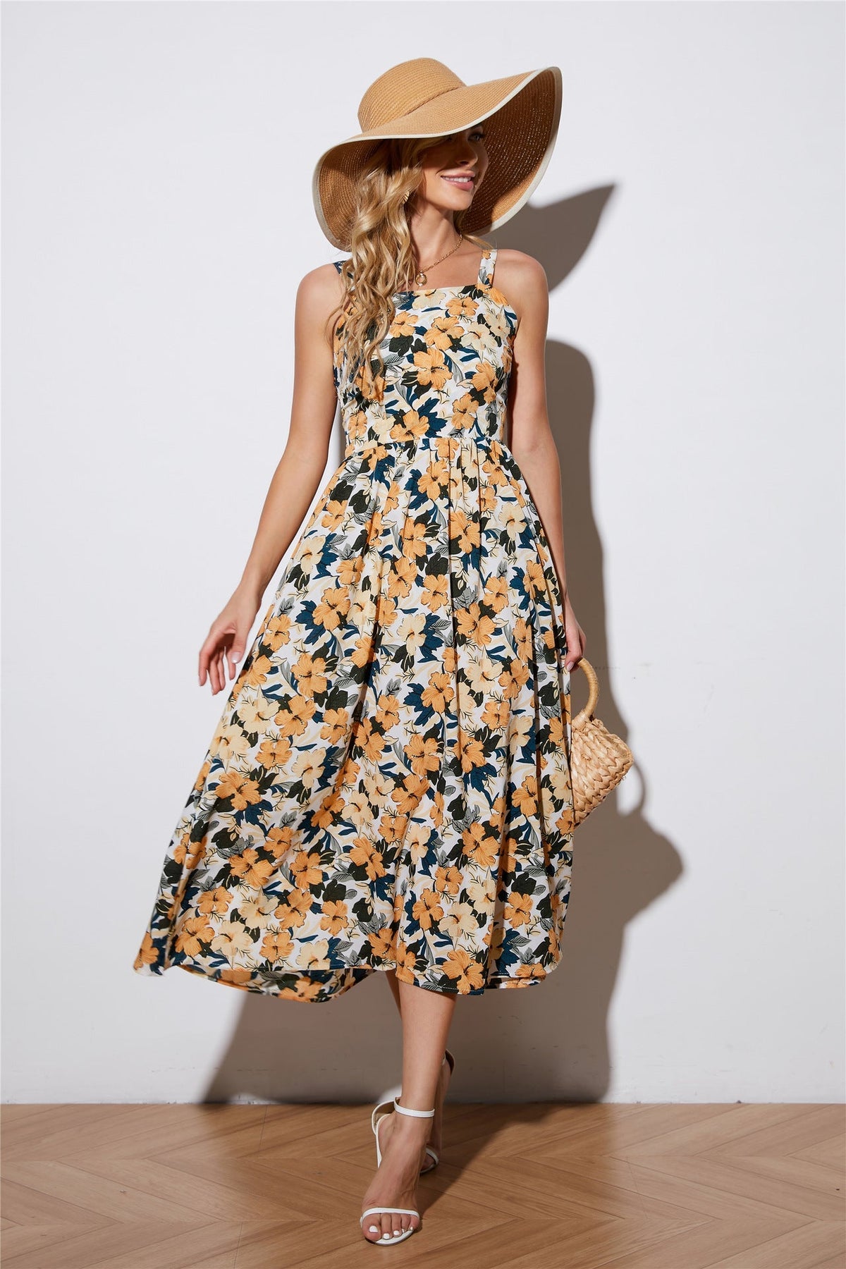 Floral Print Square Neck Fit & Flare Midi Dress
