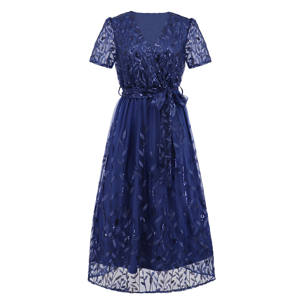 Mesh Embroidered Leaf Sequin V-Neck Wrap Tie Waist A-Line Midi Dress - View 12