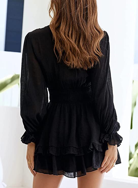 V-Neck Long Sleeve Tie Front Ruffle Tiered Mini Dress