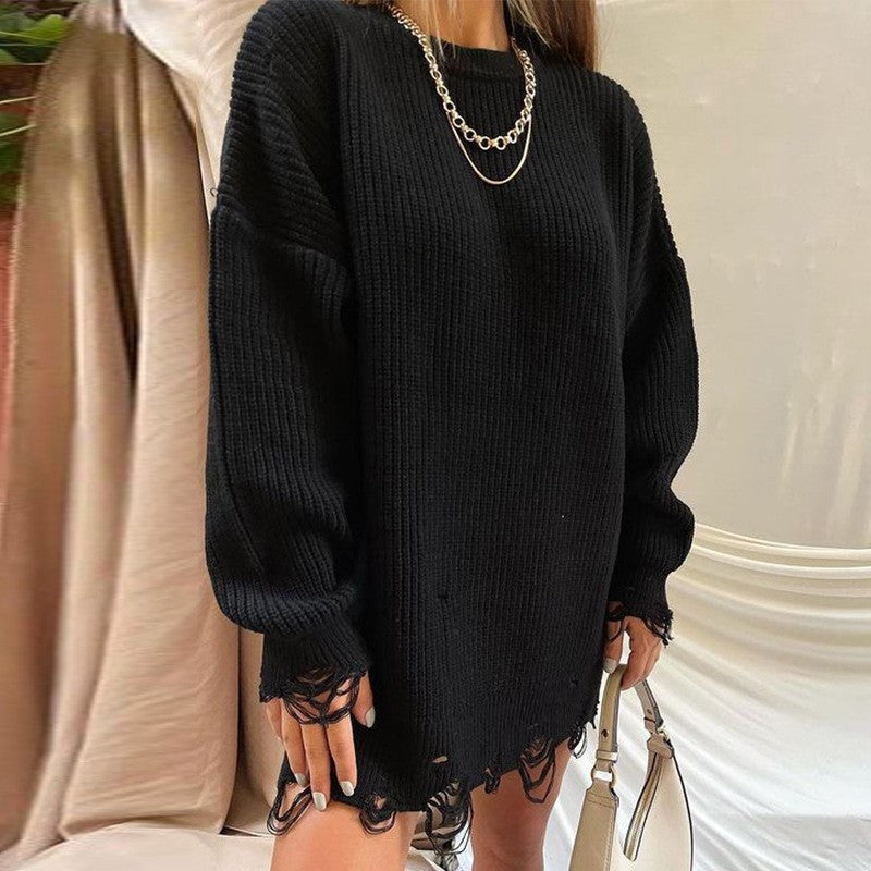 Ripped O Neck Oversized Sweater Dress for Effortless Style