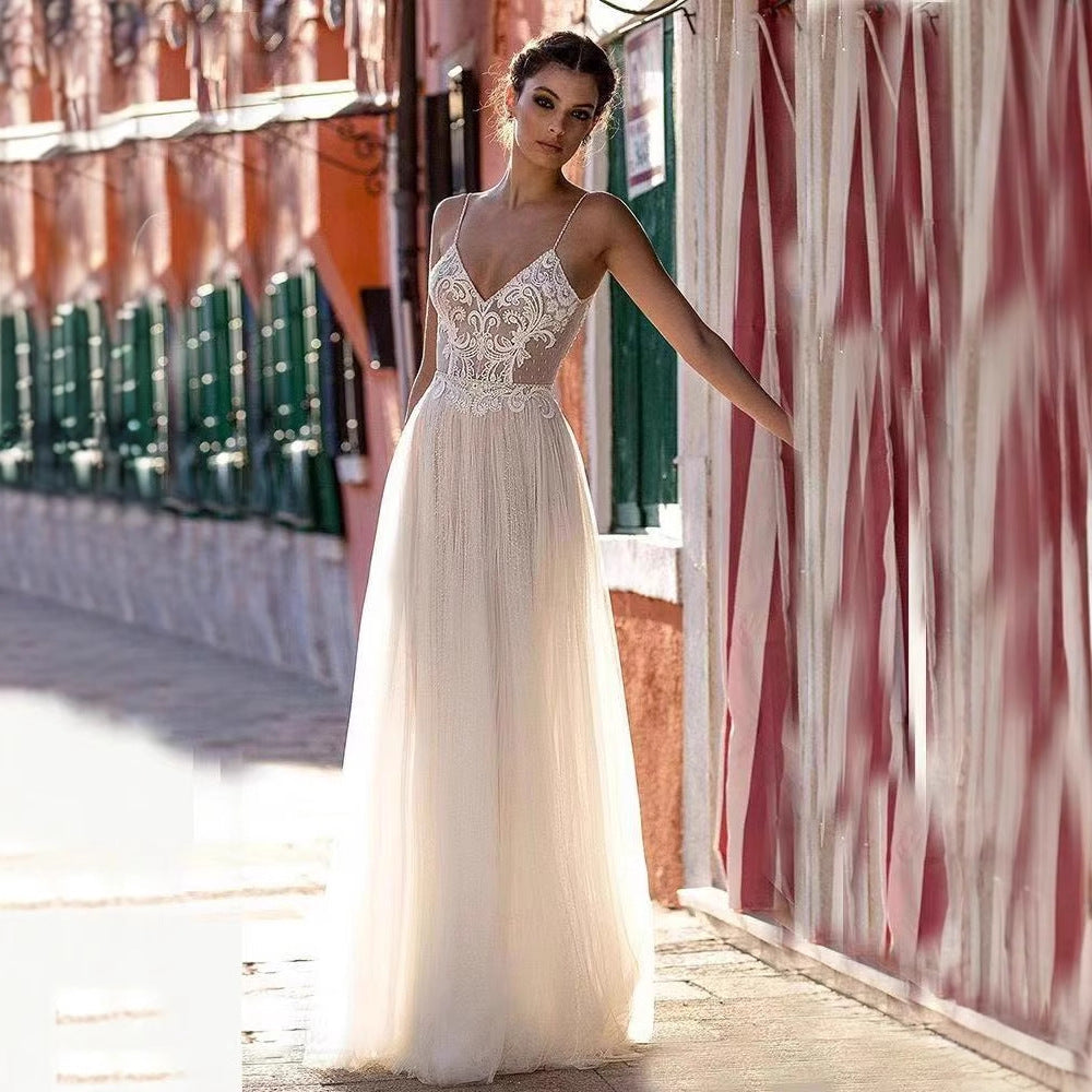 Deep V-Neck Sheer Tulle Wedding Dress