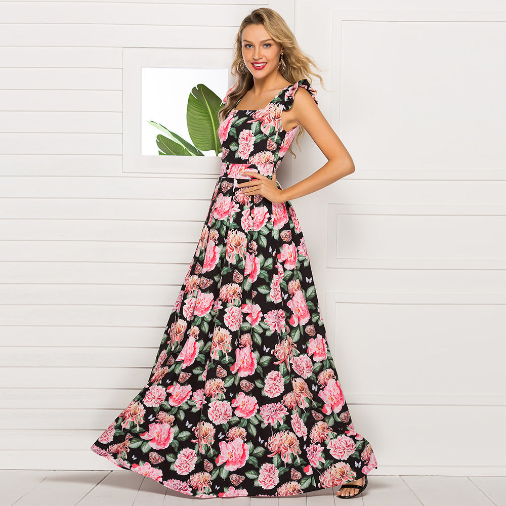 Floral Print Square Neck Ruffle Strap Fit & Flare Maxi Dress