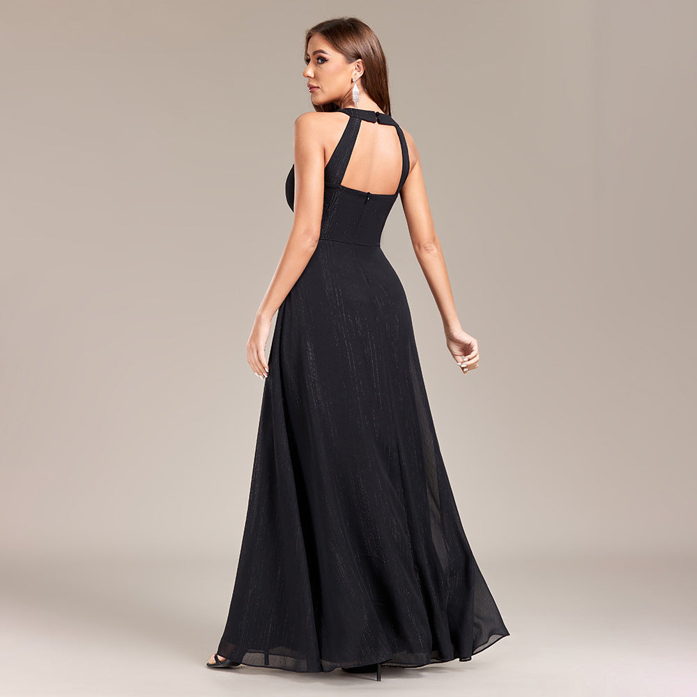 Halter Neck Pleated Waist Chiffon A-Line Maxi Gown - View 2